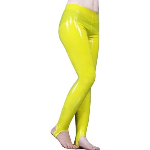 Natural Latex Women Sexy Yellow Step Foot Tight Rubber Pants Plus Size Leggings S-LTW047