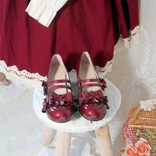 Japanese Kawaii Girl Sweet Lolita Shoes Vintage Round Head Low Heel Women Shoes Cute Lace Ruffle Bowknot Kawaii Shoes Loli Cos