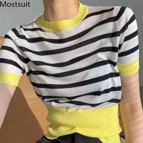 Summer Striped Knitted Pullover Tops Women Short Sleeve O-neck Color-blocked Sweater Fashion Vintage Korean Jumpers Knitwear