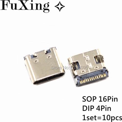 10PCS/LOT Micro USB JACK 3.1 Type-C 16pin DIP4 female connector For Mobile Phone Charging port Charging Socket USB Type C 16P