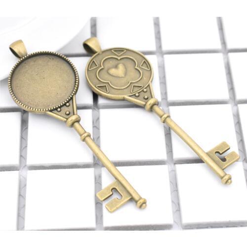 2pcs 25mm Inner Size Antique Bronze Plated Key Style Cabochon Base Cameo Setting Charms Pendant-A5-02