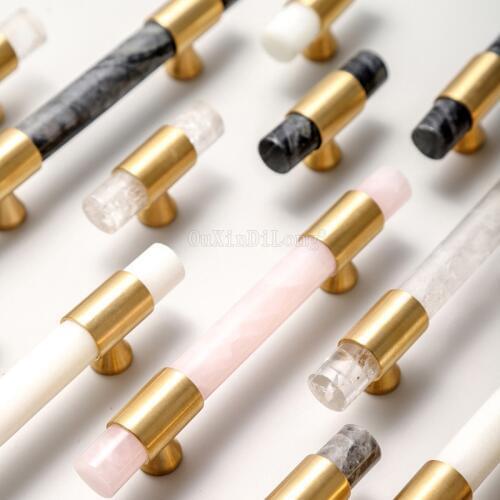 4PCS Natural Crystal /Marble Pure Brass Knobs T Bar Handles Drawer Pulls Kitchen Cabinet Knobs Furniture Hardware GF145