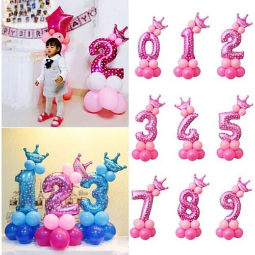 15pcs/set Blue Pink Number digital Foil Balloon crown latex Ballon Birthday Party Decoration Figures Baby Shower Kids Gift Balls