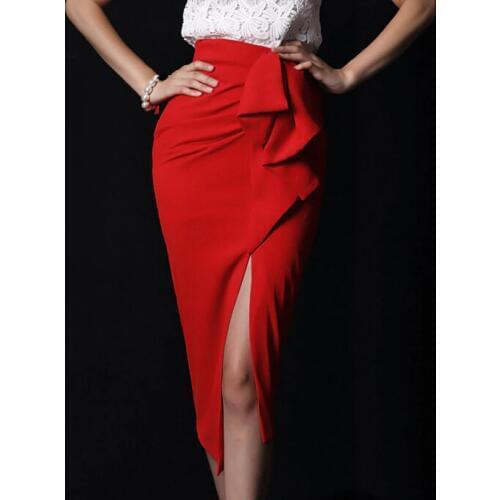 Saias Femininas Long Khaki Maxi Skirt With Slits Red Long Pencil Skirt Side Splits Plus Size 5XL Sexy Ruffles Skirts Jupe Longue