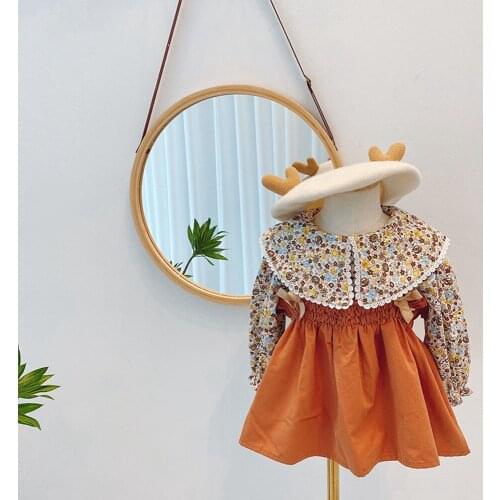 Kids Outfit Autumn Girls Princess Clothes Set Baby Children Long Sleeve Flora Tops Shirt+Overall Pleated Dress Suit S12578