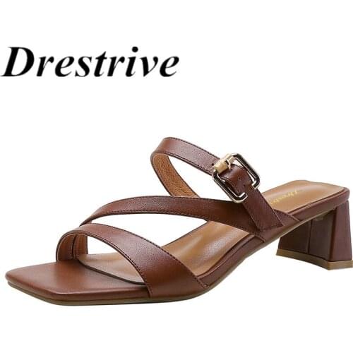 Drestrive Women Sandals Square Toe Black Buckle Full Genuine Leather 2021 Summer Thick High Heel Shoes Slippers Cow Leather