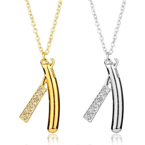 Barber Shop Collection Necklace Rhinestone Razar Pendant Necklaces Hip Hop Style Cosmetologist Hair Dresser Necklaces Jewelry