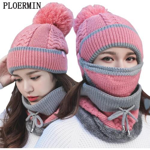 Knitted Hat Scarf Set Women Winter Hats Beanies Wool Thick Bib Mask Ear Protector Skullies Beanie Riding Hat Female Warm