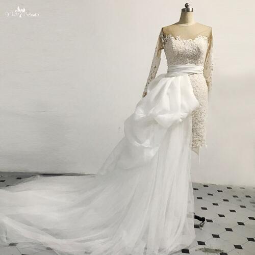 RSW1477 Long Sleeve 2 In 1 Short Wedding Dress With Detachable Train