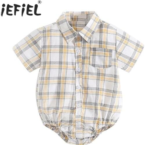 Summer Infant Baby Boy Clothes Plaid Formal Gentleman Suit Turn Down Collar Shirts For Wedding Birthday Party Baby Clothing Sets