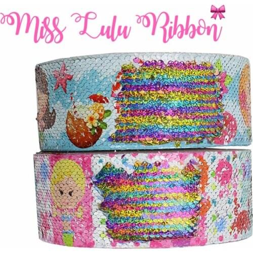 3"75mm Cute Cartoon Girl Series Mermaid Starfish Double Reversible Hologram Rainbow Sequin Ribbon Hair Bow Making 46yards
