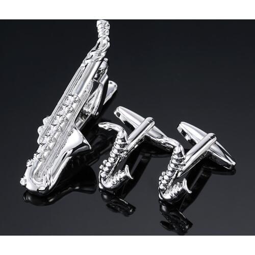 Mens jewelry Cufflinks Tie Clip Set Tie Bar silvery sax music Metal Necktie Tie Bar Clasp Tie Clips & Cufflinks Sets jewelry
