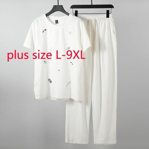 New Arrival Super Large Summer Cotton Hemp Linen Men Casual Short Sleeve Two Piece Set O-neck Print Men T Shirt Plus Size L-9XL