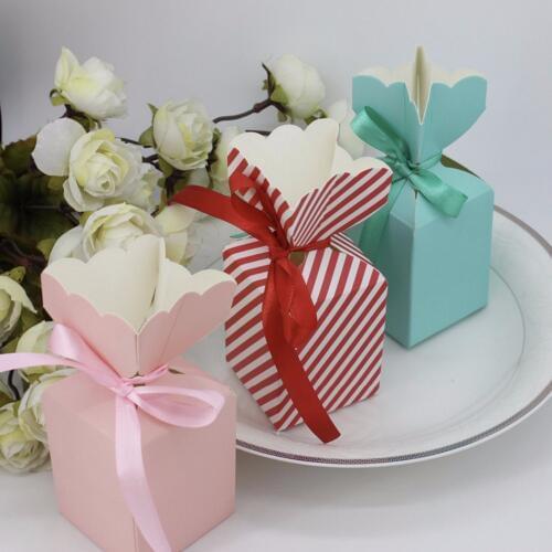 Wholesale 100pcs/lot 5*5*12cm pink/blue/purple/red flower Shape candy box Cardboard wedding Party Gift box pack With ribbon