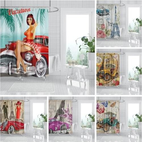 Paris Towel Shower Curtains Vintage Newspaper Sexy Girl Women Car Pattern Waterproof Polyester Curtain Bathroom Decoration