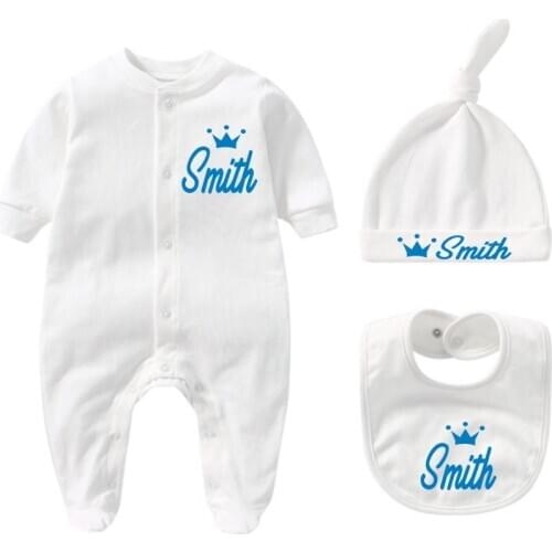 Personalized Crown Newborn Outfit with Hat + Bib clothes set Custom Baby One Piece Bodysuit Set Baby Shower Coming Home Outfit