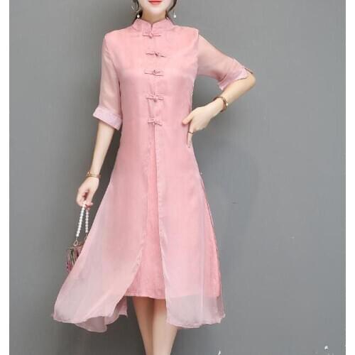 Simple Solid Color Improved Fake Two-piece Silk Cheongsam Dress Chinese Style Stand Collar Single-breasted Slim Dress