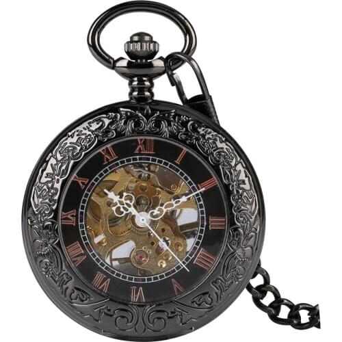 Luxury Cool Hollow Dial Retro Roman Number Steampunk Skeleton Mechanical Fob Hand-Winding Pocket Watch With Chain Black Clocks
