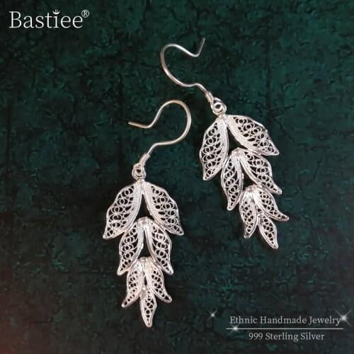 Bastiee Leaf Earring Luxury 999 Sterling Silver Womens Earrings Female Jewelry Miao Silver Handmade boucle d oreilles femme