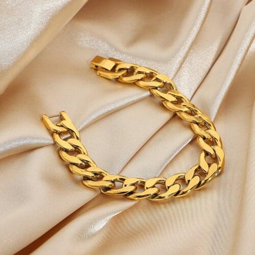 12mm Extra Large Flat Curb Chain Bracelet Punk Chunky Miami Jewelry 18K Gold Plated Stainless Steel Cuban Chain Bracelet