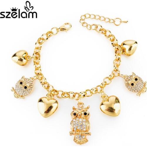 Szelam Crystal Owl Pendant Bracelet Female Heart Love Charm Bracelets For Women Gold Jewelry Pulseras SBR160024