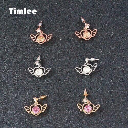 Timlee E247 Sweet Rhinestone Heart Wing Metal Drop Earrings,Wholesale