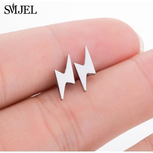 SMJEL Vintage Punk Thunder Earrings Pendientes Hombre Sliver Lightning Bolt Stud Earrings For Women Men Stainless Steel