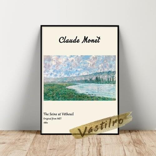 Claude Monet Museum Exhibition Poster, The Seine At Vetheuil Canvas Painting, Monet Landscape Wall Art, Retro Scenery Wall Decor