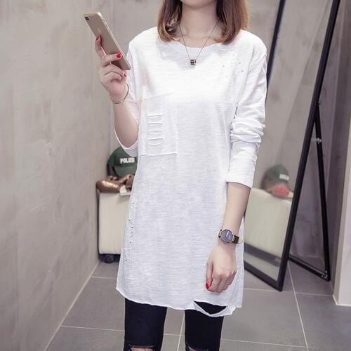 2019 New Fashion Women T-shirt Korean Solid Color Long-sleeved T-shirts Hole Loose Hole Round Neck Shirt Women Spring Autumn