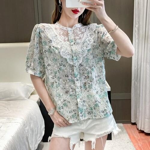 Women Blouses 2021 O-Neck Lace Embroidery Floral Shirts Elegant Vintage Females Streetwear Short Sleeve Loose Female Chic Tops