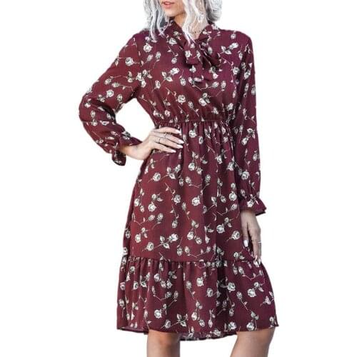 Boho Floral Print Pleated Dress With Bow Women Loose O-Neck Long Sleeves Knee-Length Dress Bandage Dresses Beach Dress Vestidos