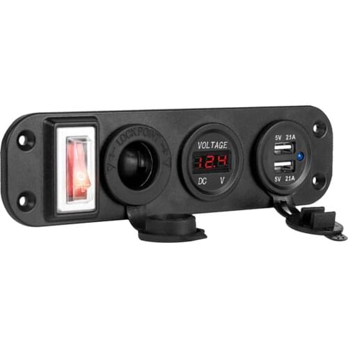 12V/24V Dual USB Socket Charger LED Voltmeter On-Off Switch Panel Red