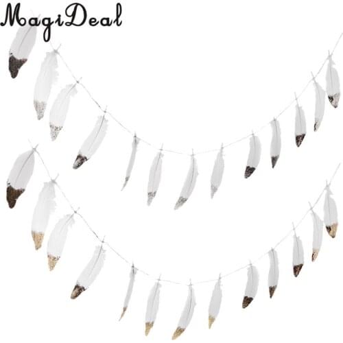 MagiDeal 2pcs Novelty Boho Gold Silver Dipped White Feather Bunting Banner Tassel Garland Nursery Romm Wall Decor