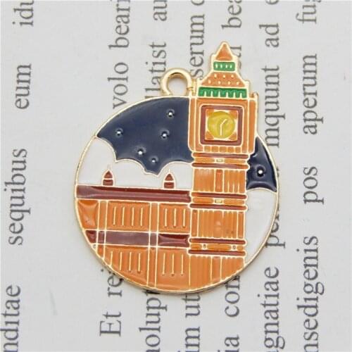 Julie Wang 6PCS Enamel Big Ben Charms Round Alloy Clock Tower Gold Tone Pendants Bracelet Jewelry Making Accessory