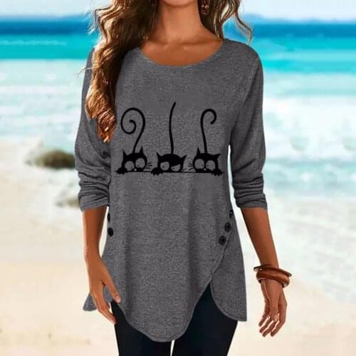 40#Sexy Shirts Spring Summer Round Neck Long Sleeve Cute Cat Print Fashion Womens Blouses Casual Loose Large Size Womens Dress