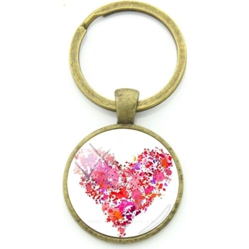 TAFREE Red Flowers Heart Pattern Bronze Plated Keyholder For Women Beautiful Plants Glass Dome Trendy Key Rings Jewelrys