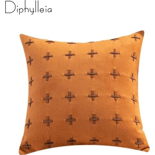 Diphylleia Handmade Coshion Cover Woolen Leather Embroidered Retro Pillow Living Room Sofa Nordic style Pillow Case Orange Gray