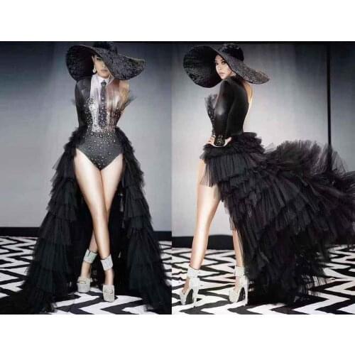 Black Mesh Tail Rhinestone One Sleeve Bodysuit Women Dancer Singer Stage Costume Prom Party Club Show Birthday Outfit