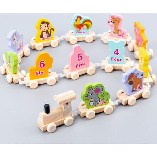 Baby Montessori Soft Wood Train Animal Model Toy with Number Pattern 1~12 Blocks Educational kids Wooden Toy children gifts