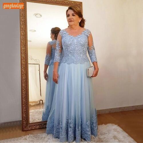 Elegant Blue Women Long Evening Dresses 3/4 Sleeves Alliqued Lace Tulle A Line Formal Dress Party Customized Sexy Evening Gown