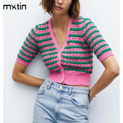 2021 Women Spring Fashion Hollow Out Striped Knitted Cardigan Sweater Vintage V-neck Short Sleeve Casual Button Cute Tops