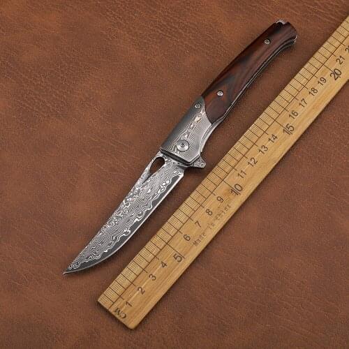 Pocket Folding With Damascus Blade Natural Sandalwood Handle Survival Hunting Wild Fishing EDC Tool Knife