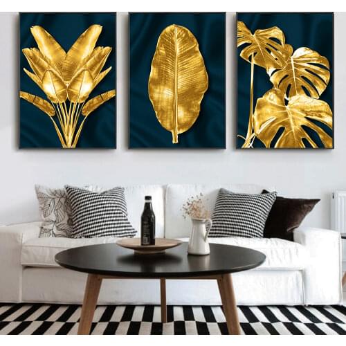 Nordic Modern Gold and Green Leaves Fashion Style Canvas Painting Art Print Poster Picture Wall Living Room Home Decor