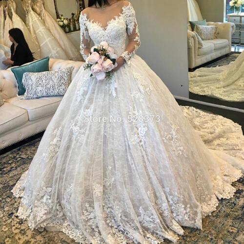 YNQNFS W61 Swep Train Ball Gown Lace Wedding Dress Long Sleeve Bridal Party Dress Robe de Mariee 2019