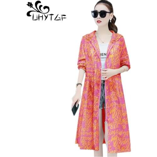 UHYTGF New Summer Jacket Women Fashion Printed Ice Silk Thin Sun Protection Clothing Female Hooded Breathable Plus Size Coat1638