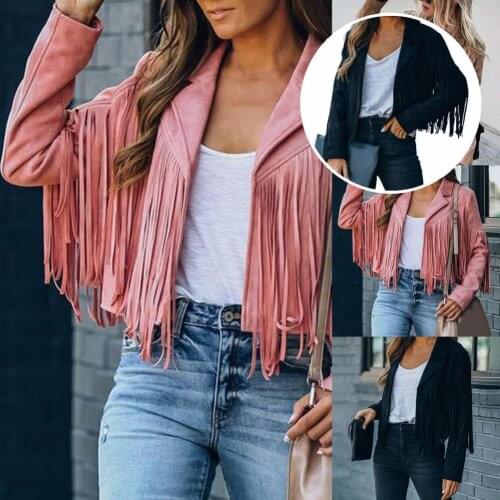 Women Jacket Turn-down Collar Cool Solid Color Tassel Lady Autumn Coat