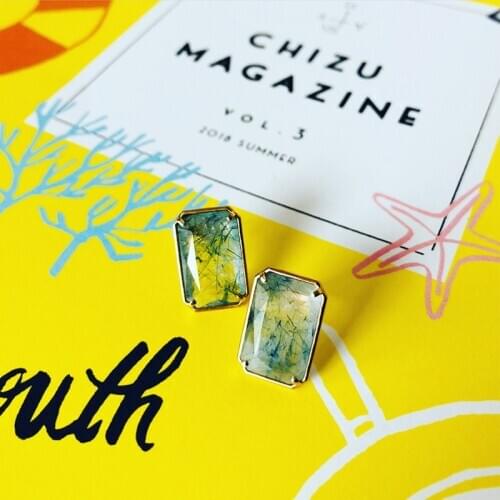 UBESTNICE Trendy Pure 9K Gold Rectangle Natural Gemstone Green Quartz Rutilated Fine Jewelry Crystal Stud Earrings For Women