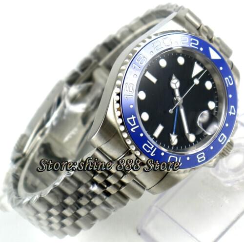 40mm PARNIS black sterile dial Blue ceramic bezel Jubilee steel strap Sapphire Blue GMT automatic mens watch