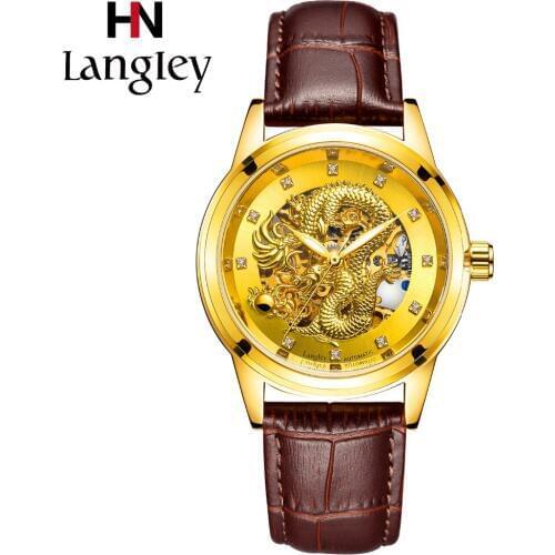 LANGLEY Men Watch Genuine Leather Strap Automatic Watches Mechanical Diamond Skeleton Wristwatch Waterproof Relogio Masculino