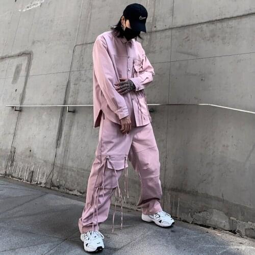 2021 Spring Pink Color Long Sleeve Shirts + Cargo Pants Two Piece Set Korean Fashion Mens Sets Hip Hop Streetwear